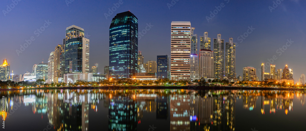 Panorama building city night scene in Bangkok, Thailand.