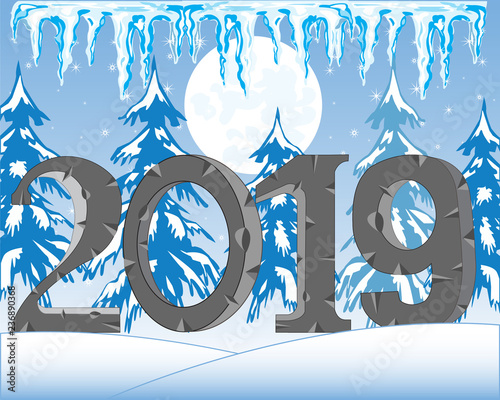 Holiday new year 2019 on background winter wood