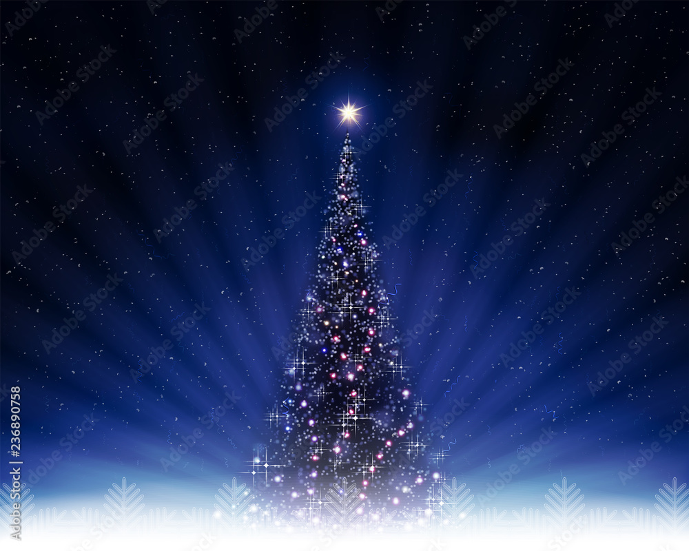 Christmas dark blue postcard with shiny Christmas tree.