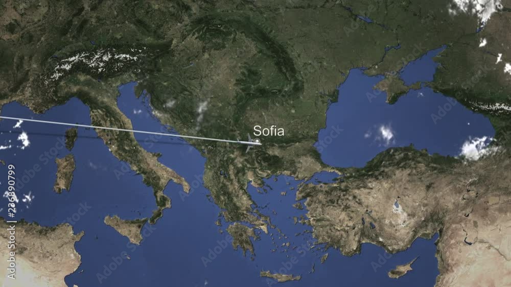Airplane flying to Sofia, Bulgaria on the map. Intro 3D animation 