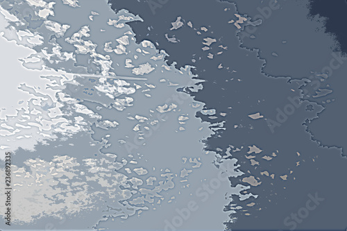 White and blue background texture. Abstract map with north shoreline, sea, ocean, ice, mountains, clouds. The surface of fantasy planet. Bird's-eye view.