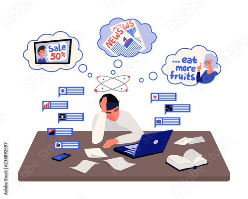 Stressed man surrounded by notifications and thoughts. Infobesity vector photo