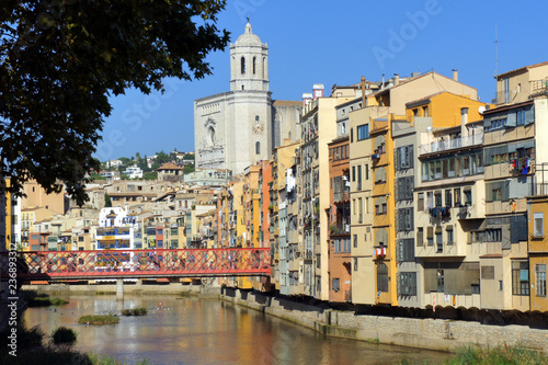 Girona.Spain.Cathedral, colorful houses and the bridge built by Eiffel.
