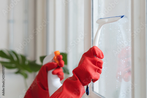 Housekeeper cleaning home concept. Woman spraying cleanser to window.