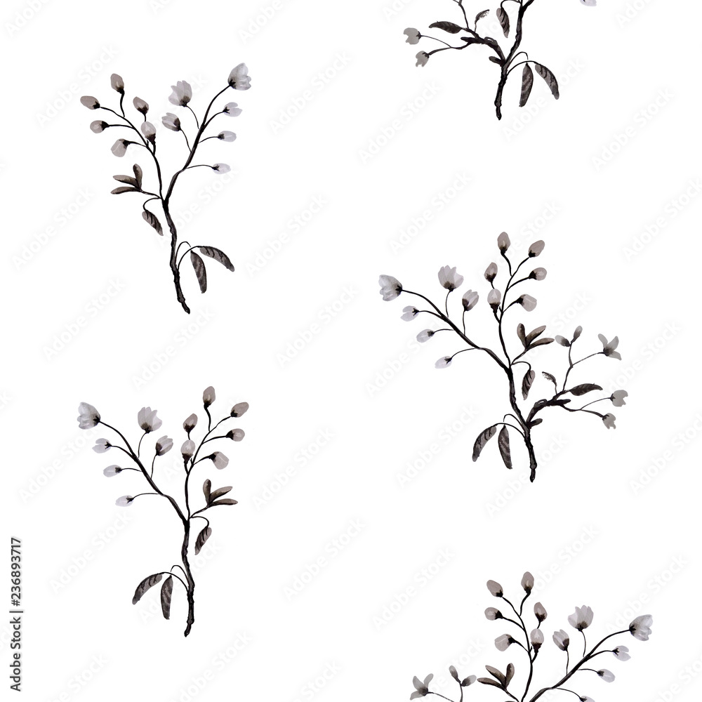 Seamless watercolor black and white pattern with delicate branches  wiith cherry flowers.