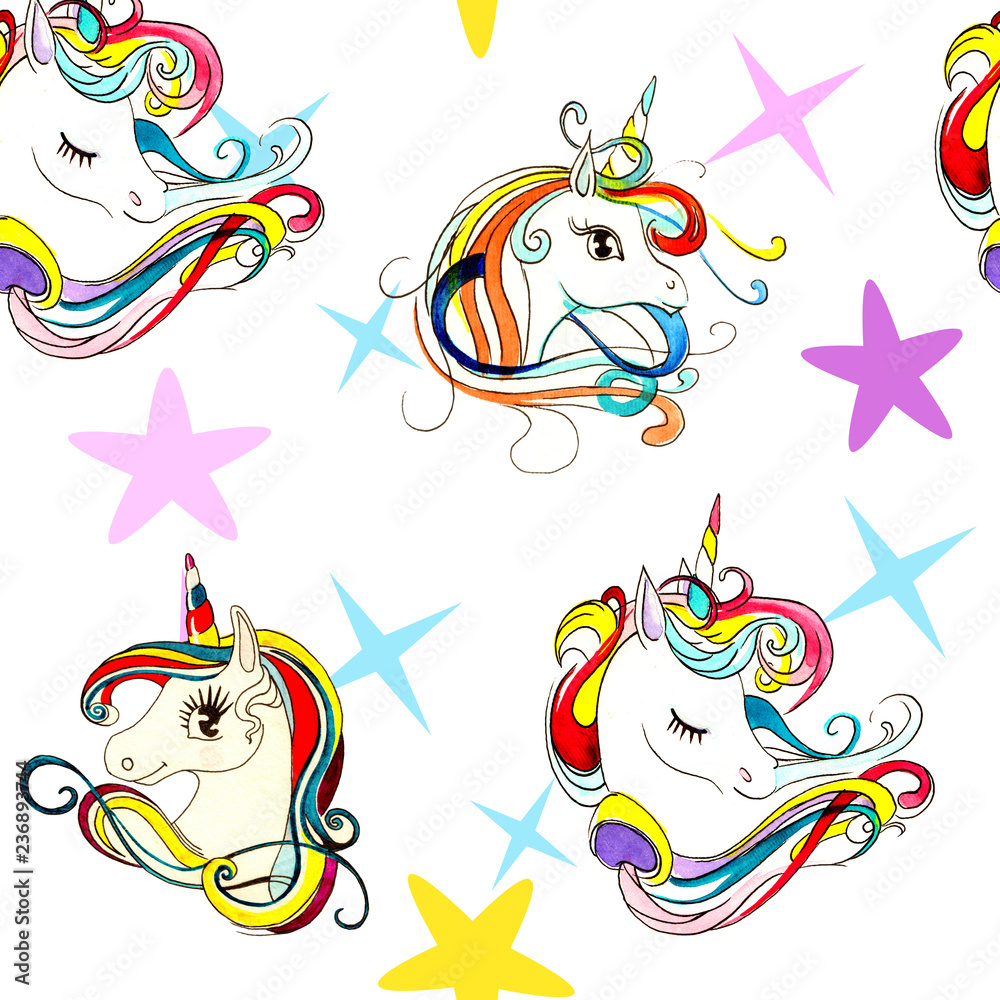 
Unicorn. Seamless pattern, made in watercolor. Background for design