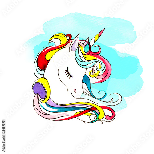 
Unicorn. beautiful drawing, made in watercolor. Basis for the designer