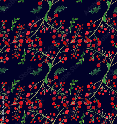 Christmas Watercolor beautiful berries seamless pattern. Holidays decorative prints for textile, paper, cards etc.