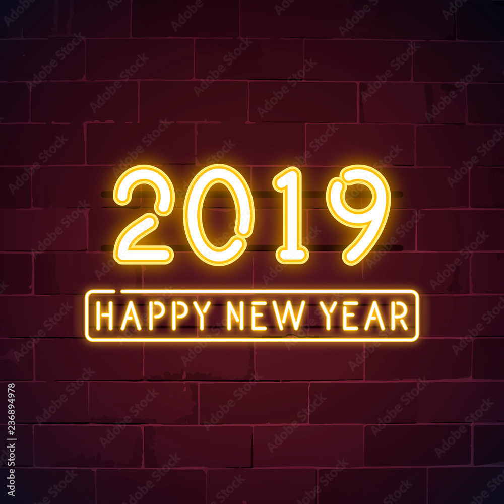 Yellow 2019 happy new year neon sign vector