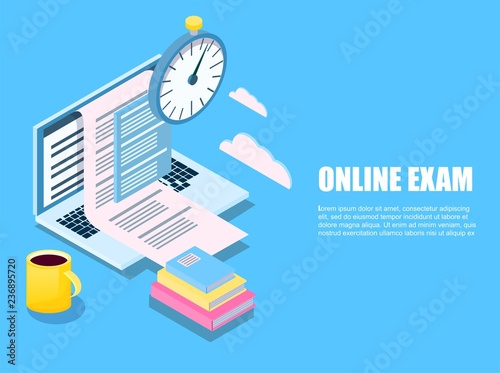 flat exam Isometric online. Tutorial infographic, graduation, e-learning research, university, college research, online courses concept. content for creative blog post. Vector illustration web