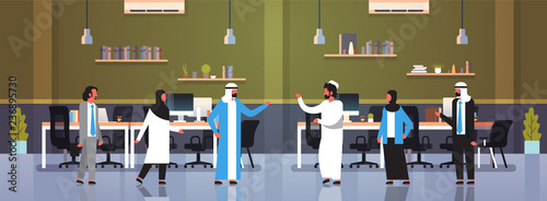arabic people teamwork communication brainstorming concept arab business men women traditional clothes modern office interior full length cartoon characters flat horizontal