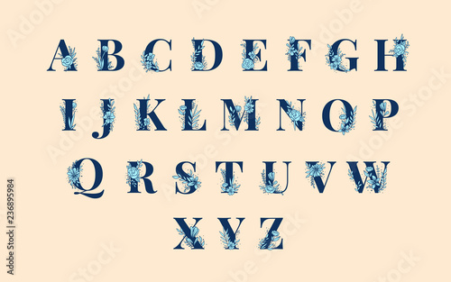 Botanical Alphabet capital letters vector set
