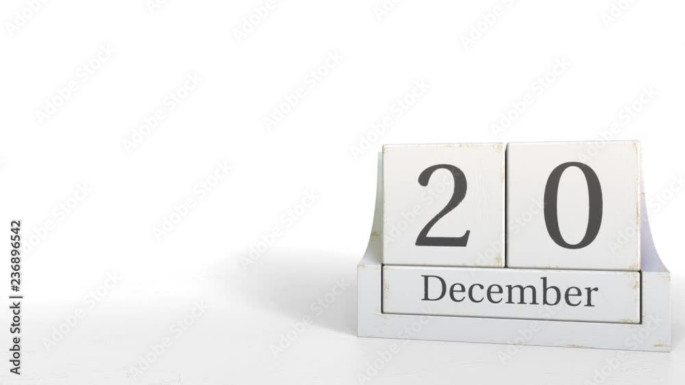 Wooden blocks calendar shows December 20 date, 3D animation Wooden blocks calendar shows December 20 date, 3D animation
