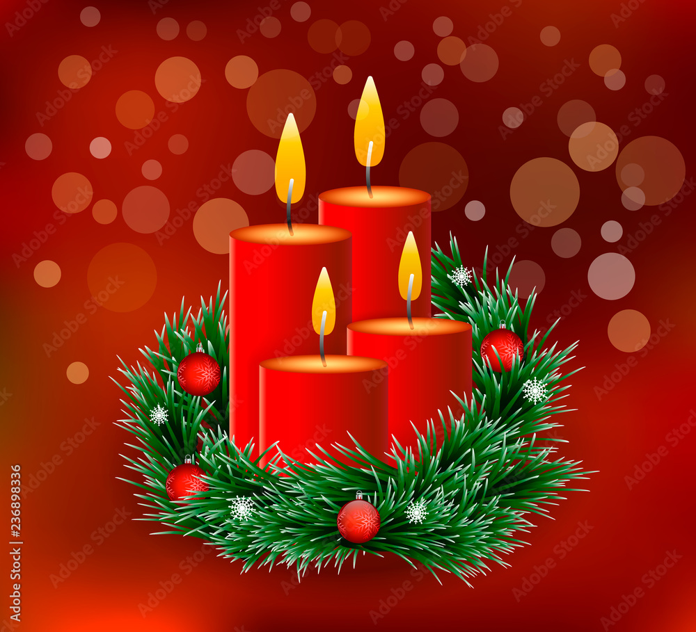 Christmas wreath with candles on a red background