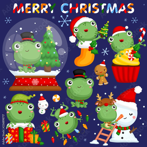 A vector set of cute little frogs in various poses and costume for christmas celebration