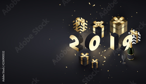 Happy New Year 2019 poster with golden 3d gifts and Champagne.