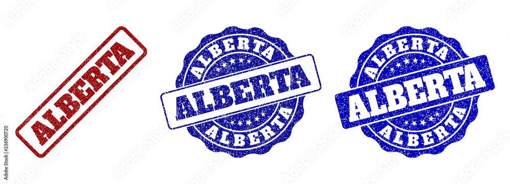 ALBERTA grunge stamp seals in red and blue colors. Vector ALBERTA labels with distress texture. Graphic elements are rounded rectangles, rosettes, circles and text labels. ALBERTA grunge stamp seals in red and blue colors. Vector ALBERTA labels with distress texture. Graphic elements are rounded rectangles, rosettes, circles and text labels.