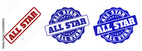 ALL STAR scratched stamp seals in red and blue colors. Vector ALL STAR signs with draft style. Graphic elements are rounded rectangles, rosettes, circles and text captions.