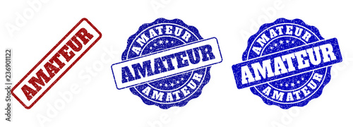 AMATEUR grunge stamp seals in red and blue colors. Vector AMATEUR watermarks with grunge effect. Graphic elements are rounded rectangles, rosettes, circles and text labels.