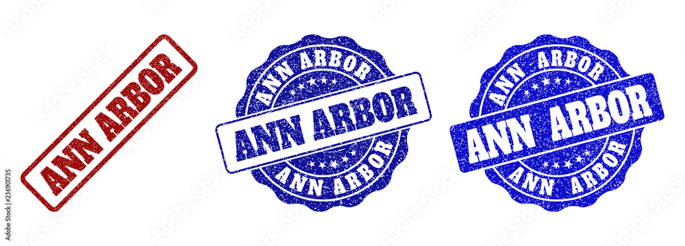 ANN ARBOR grunge stamp seals in red and blue colors. Vector ANN ARBOR marks with grunge effect. Graphic elements are rounded rectangles, rosettes, circles and text titles.