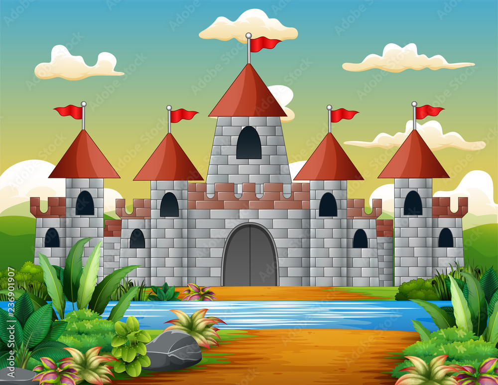 Naklejka premium Cartoon of fairy tale castle with beautiful landscape