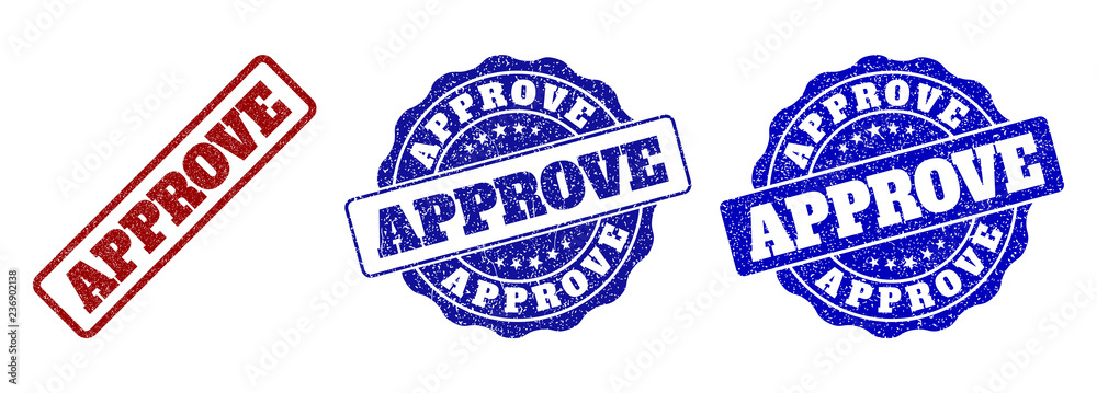APPROVE grunge stamp seals in red and blue colors. Vector APPROVE imprints with grunge texture. Graphic elements are rounded rectangles, rosettes, circles and text tags. APPROVE grunge stamp seals in red and blue colors. Vector APPROVE imprints with grunge texture. Graphic elements are rounded rectangles, rosettes, circles and text tags.