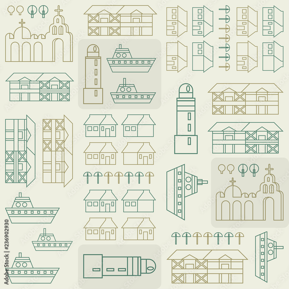 Flat linear city Infographic. Vector city elements for create your own city map. Map elements for your pattern, web site or other type of design.Vector illustration. Seamless pattern.