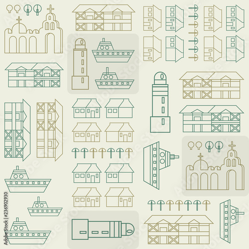 Flat linear city Infographic. Vector city elements for create your own city map. Map elements for your pattern, web site or other type of design.Vector illustration. Seamless pattern. © bum_katya