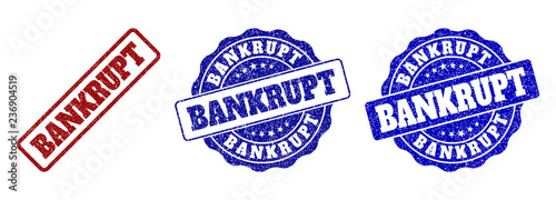 BANKRUPT grunge stamp seals in red and blue colors. Vector BANKRUPT imprints with grunge surface. Graphic elements are rounded rectangles, rosettes, circles and text labels.