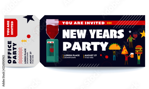 Music, Dance, New Year vector tickets templates. Ticket for entrance to the party. Modern elegant template of Ticket Card. Vector illustration of people, food and wine. Food People Party Concept