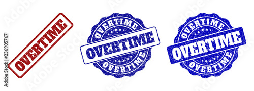 OVERTIME grunge stamp seals in red and blue colors. Vector OVERTIME overlays with grunge surface. Graphic elements are rounded rectangles, rosettes, circles and text labels.