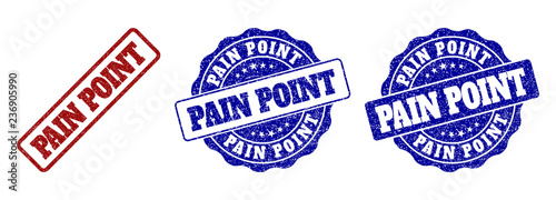 PAIN POINT grunge stamp seals in red and blue colors. Vector PAIN POINT imprints with grunge surface. Graphic elements are rounded rectangles, rosettes, circles and text titles.