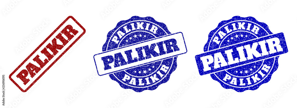 PALIKIR scratched stamp seals in red and blue colors. Vector PALIKIR labels with grunge texture. Graphic elements are rounded rectangles, rosettes, circles and text labels. PALIKIR scratched stamp seals in red and blue colors. Vector PALIKIR labels with grunge texture. Graphic elements are rounded rectangles, rosettes, circles and text labels.