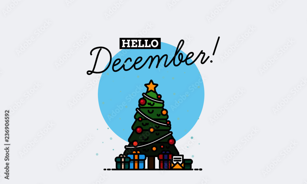 Fototapeta premium Hello December with Christmas Tree Illustration 