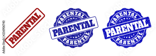 PARENTAL grunge stamp seals in red and blue colors. Vector PARENTAL overlays with grunge style. Graphic elements are rounded rectangles, rosettes, circles and text tags.