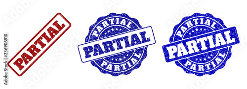 PARTIAL grunge stamp seals in red and blue colors. Vector PARTIAL imprints with grunge effect. Graphic elements are rounded rectangles, rosettes, circles and text captions.