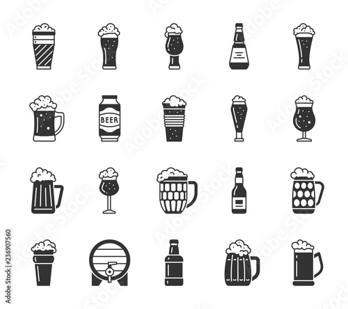 Beer mug black silhouette icons vector set