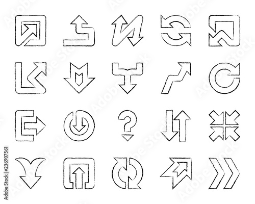 Arrow charcoal hand draw line icons vector set
