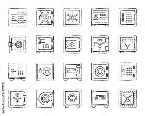 Safe bank cell charcoal draw line icons vector set