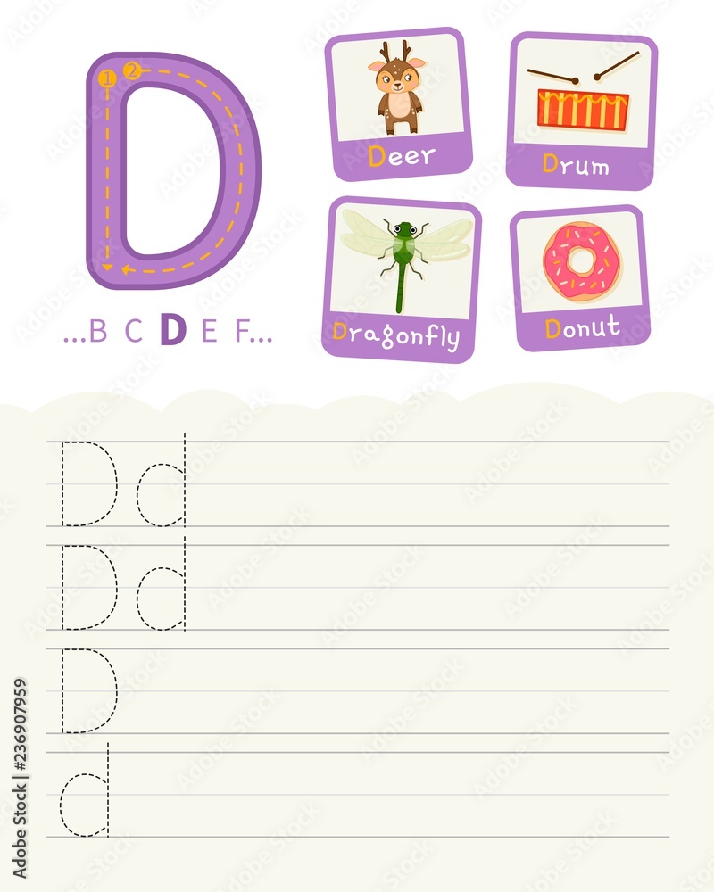 Handwriting practice sheet. Basic writing. Educational game for children. Learning the letters of the English alphabet. Cards with objects. Letter D.