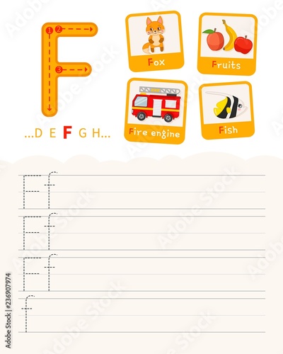 Handwriting practice sheet. Basic writing. Educational game for children. Learning the letters of the English alphabet. Cards with objects. Letter F