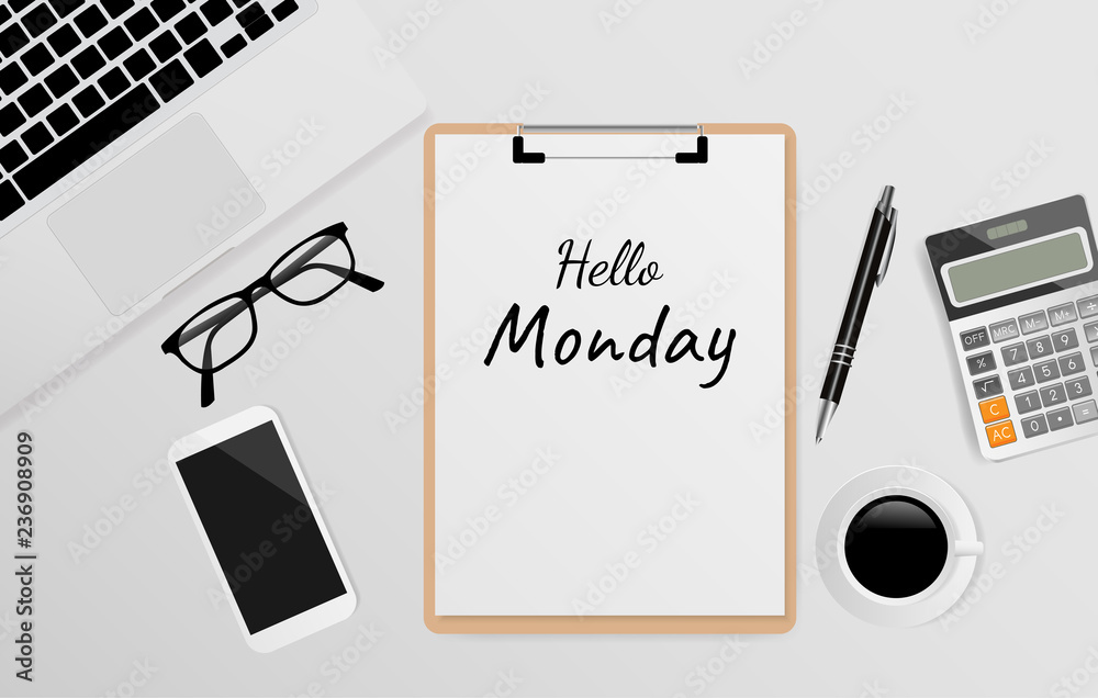Hello Monday text on white paper with office supplies on gray background. Vector illustration Hello Monday text on white paper with office supplies on gray background. Vector illustration