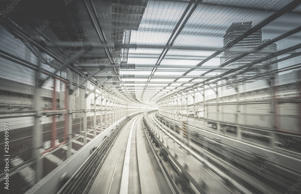 Point of view  through Tokyo via the automated transit system.