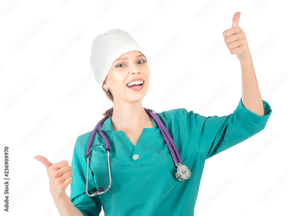 Smiling woman doctor or nurse with thumb up Smiling woman doctor or nurse with thumb up