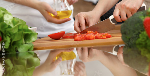 Closeup of human hands cooking in kitchen. Mother and daughter or two female friends cutting vegetables for fresh salad. Friendship, family dinner and lifestyle concepts