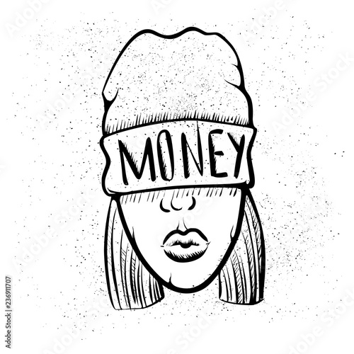 Hip Hop music girl. Pretty Young Urban Rap Girl. Lady Vector artwork. Doodle art isolated on white background. Face emotion illustration.