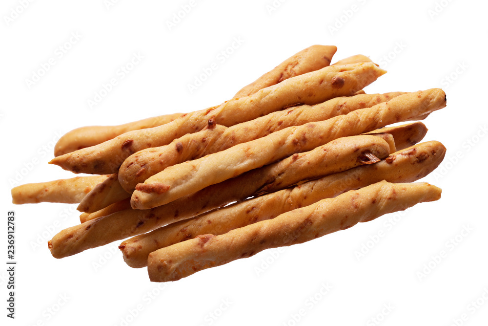 Homemade breadsticks with parmesan isolated on white background. Homemade breadsticks with parmesan isolated on white background.