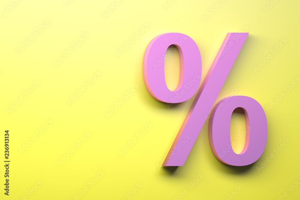 Pink percent sign on the yellow background. Image with copy blank space. 3d illustration. Pink percent sign on the yellow background. Image with copy blank space. 3d illustration.