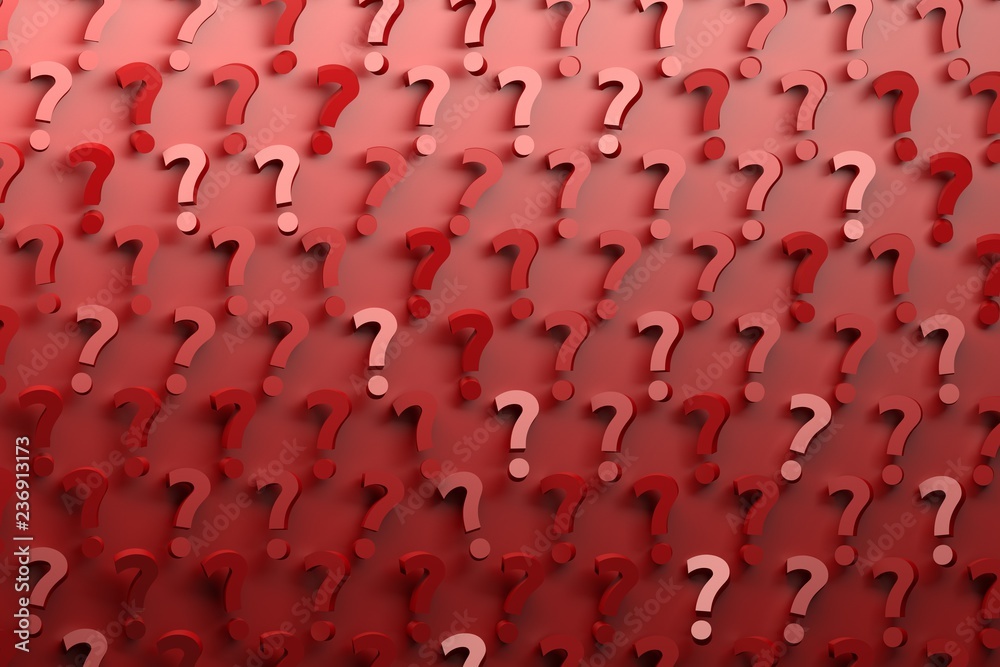 Fototapeta premium Pattern with many randomly arranged red question marks on red background. Image with copy blank space. 3d illustration.
