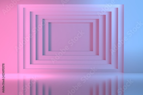 Light blue and pink geometric square tunnel in the wall. Abstract image for presentation with copy blank space in the center. 3d illustration.